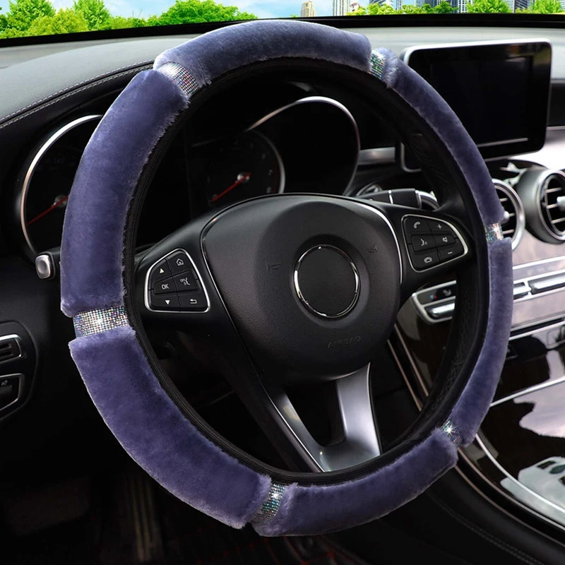 Car Steering Wheel Cover Gearshift Handbrake Cover Protector Decoration Warm Soft Plush Rhinestone Black Pink Women Man