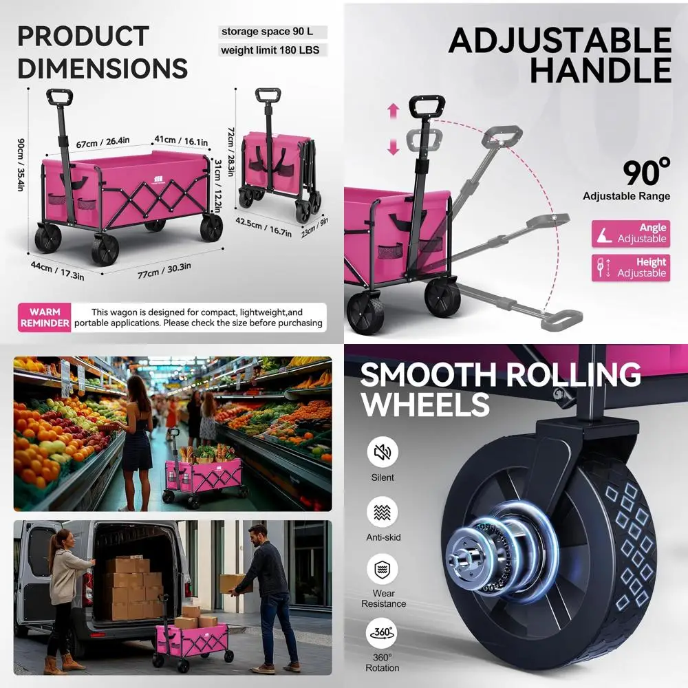 

Portable Pink Folding Wagon with 200lbs Capacity for Outdoor Activities and Grocery Hauling