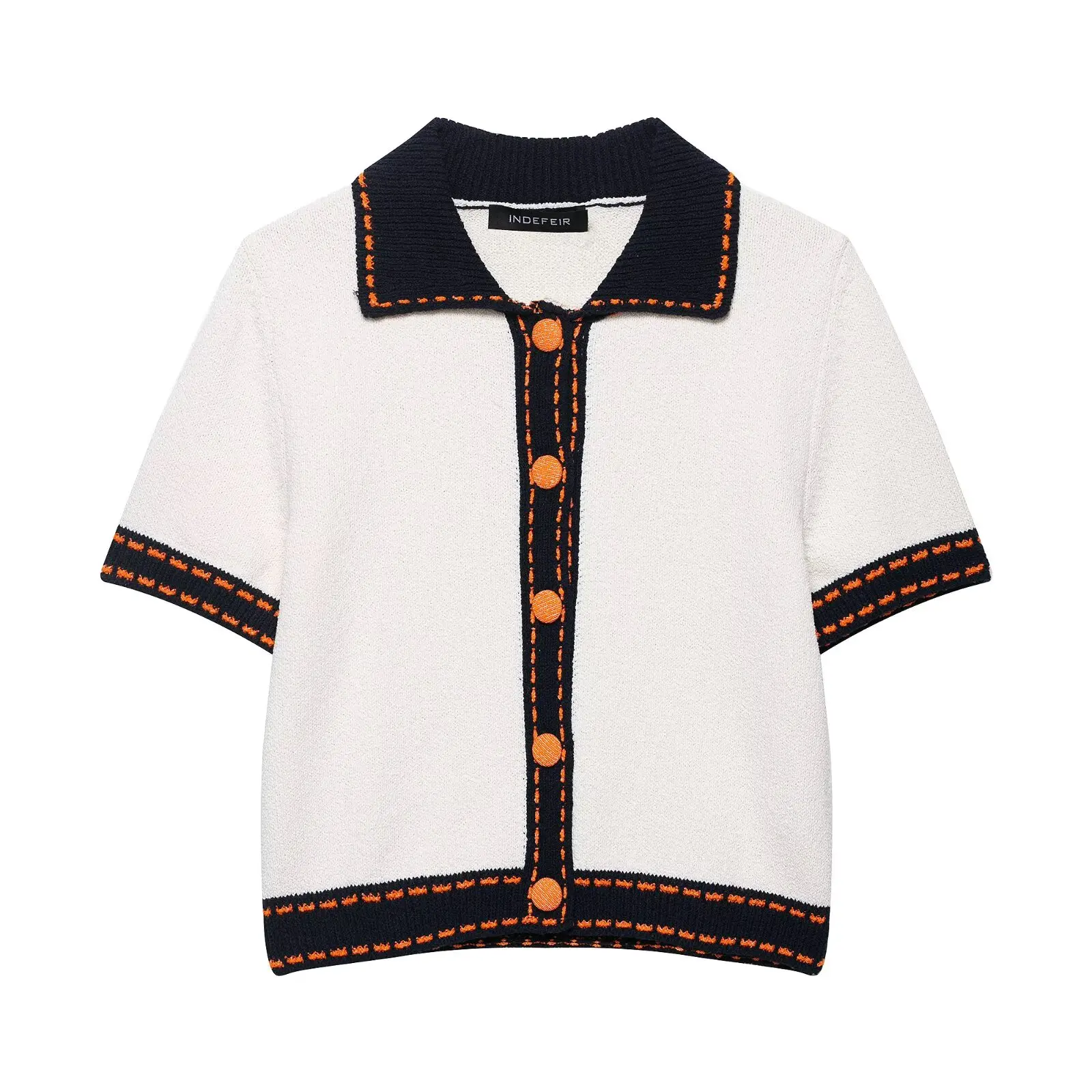 BSAY 패션 신상 여성용 2025 싱글 버튼 칼라 스티치 장식 반팔 배색 니트 코트 탑