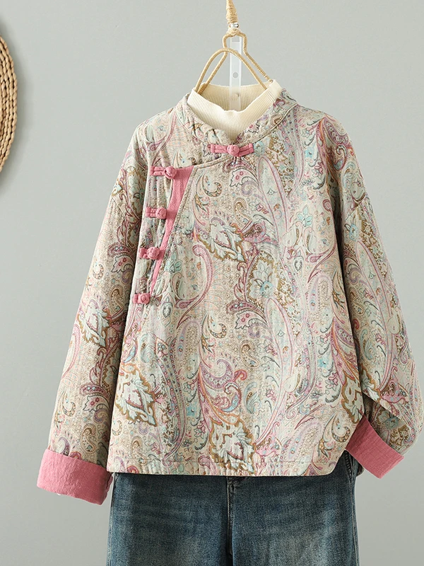 

Thiened, хлопковое и льняное свободное женское пальто с китайским принтом, осенне-зимнее длинное пальто с воротником-стойкой на одной пуговице