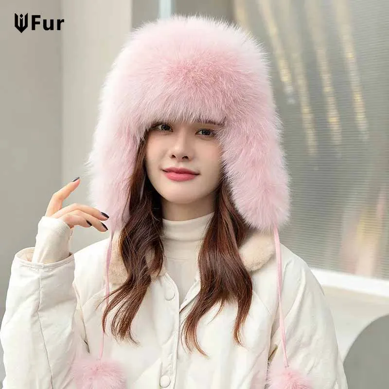 Natural Fox Fur Russian Aviation Hat with Ears Ushanka Women Winter Warm Fluffy Stylish Female Tail Cap Fashion Real Fur Hats