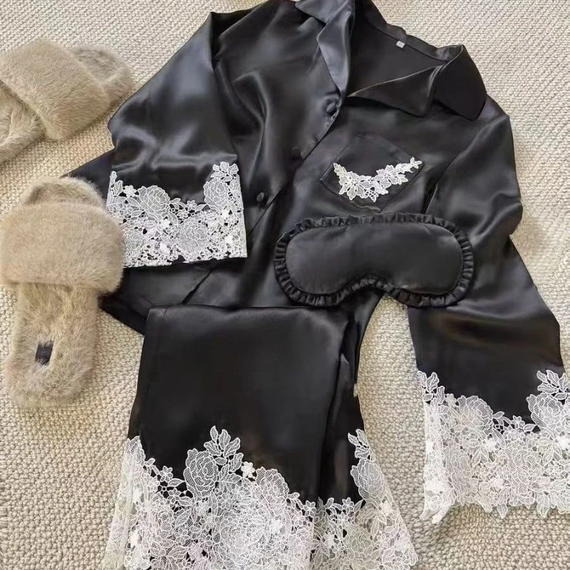 Women's Spring  Autumn Internet Celebrity Temperament Loungewear Set Pure Color Light Luxury New Lace Splicing Ice Silk Pajamas