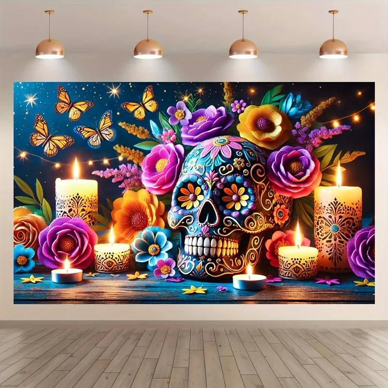 1pc Polyester Day of the Dead Banner-Skull and Flowers Party Decoration, No Electricity Needed-Dia de los Muertos Photo Backdrop