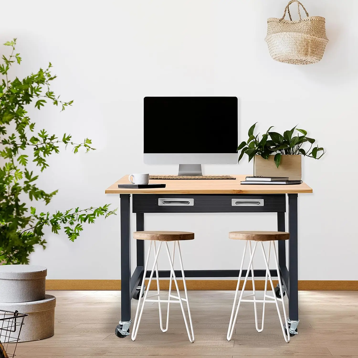 Seville Classics UltraGraphite Wood Top Workbench on Wheels with Sliding Organizer Drawer Table, 48", Satin Graphite