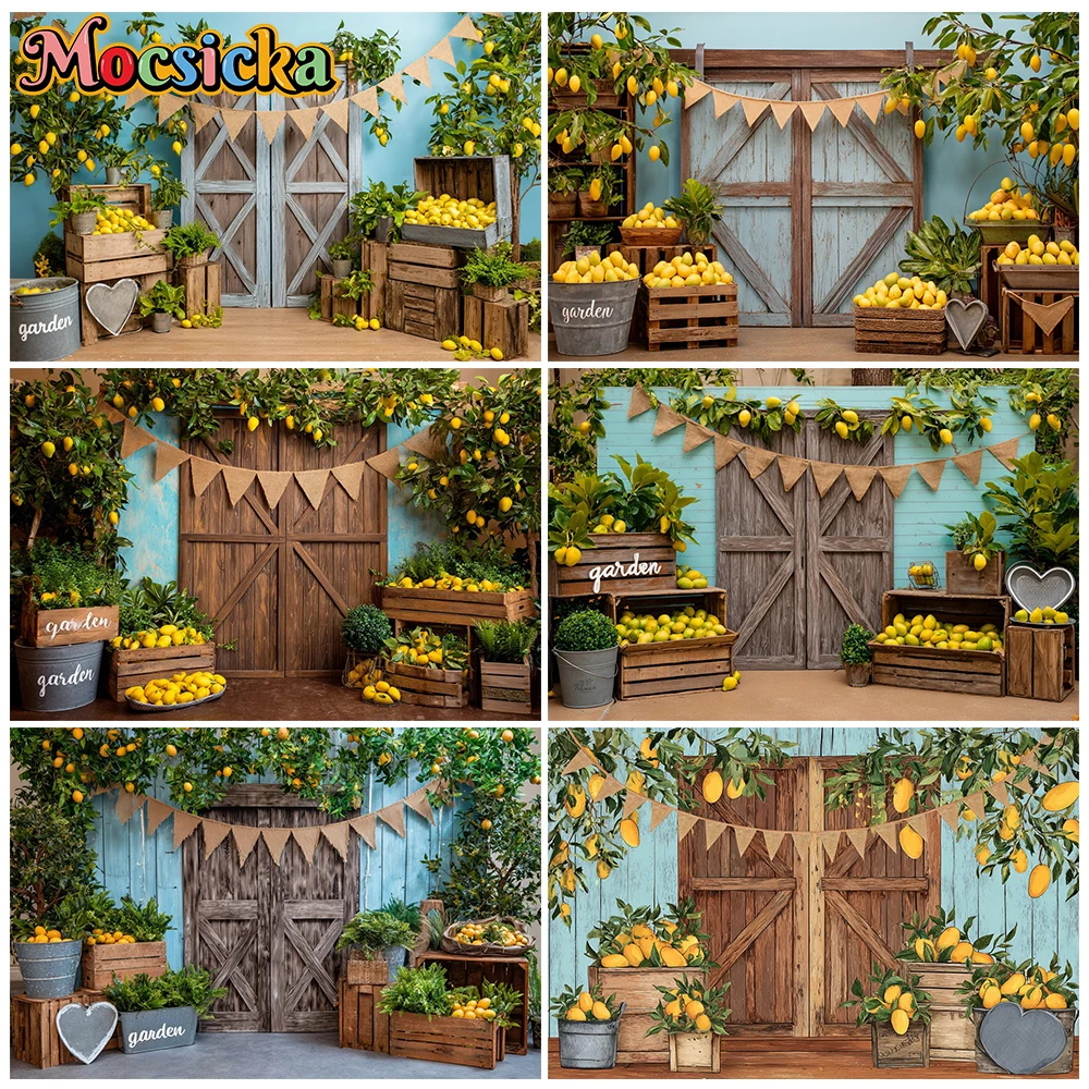 Mocsicka Farmhouse Lemon Orchard Backdrop Brown Barn Door Crates Burlap Flags Studio Background Summer Citrus Baby Photos Banner