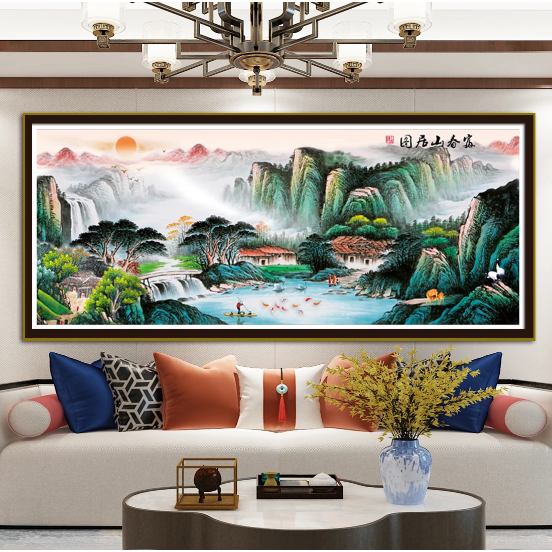 

Printed Cross Stitch Set Handmade DIY Easy Crafts Villagers Rowing on The River Landscape Patterns Living Room Hanging Paintings