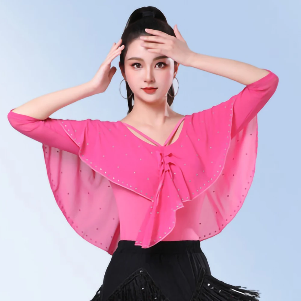 

Черная танцевальная одежда, женский социальный топ со стразами, розовый, со средним рукавом, новый модный фиолетовый топ для занятий современными танцами