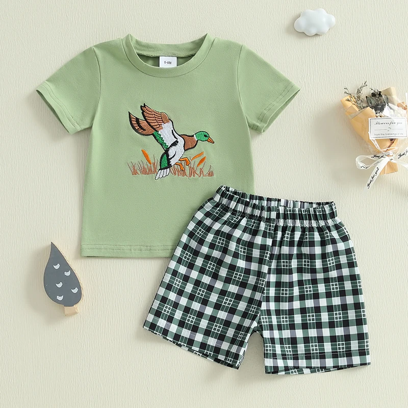 Infant Toddler Baby Boy Mallard Duck Clothes Summer Short Sleeve Shirts + Plaid Shorts Country Boy Farm Outfit