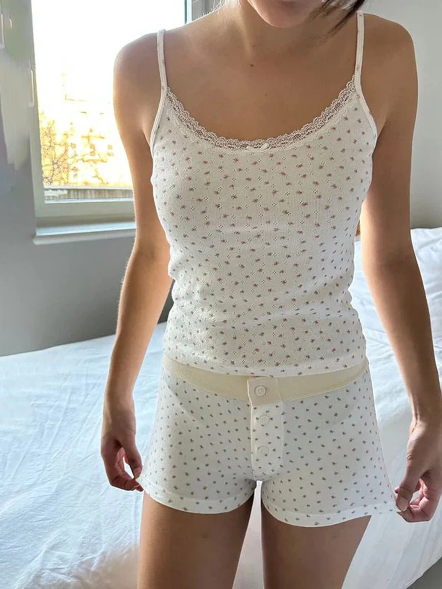 Sweet Floral Eyelet Shorts Set Summer Lace Trim Slim Tank Tops+Buttons Shorts Vintage Cotton Cute 2 Piece Sets Women Outfit New