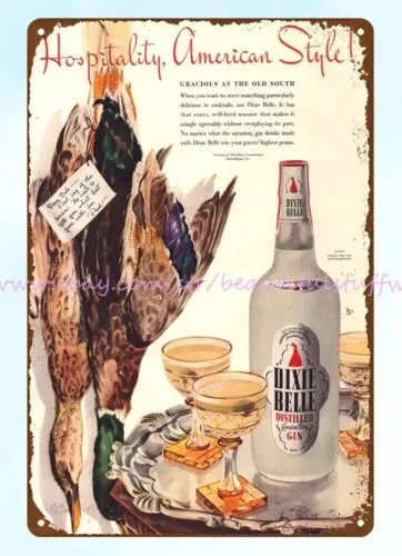 the plaque 1942 Dixie Belle Distilled Dry Gin Duck Hunting metal tin sign