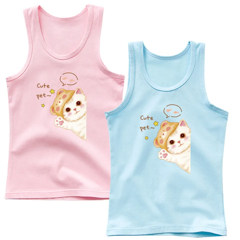

Girls Summer Cartoon Kitty Tank Tops Fashion Baby Kids Cartoon Cute Cat Print Sleeveless Cotton T-shirt Children Vest