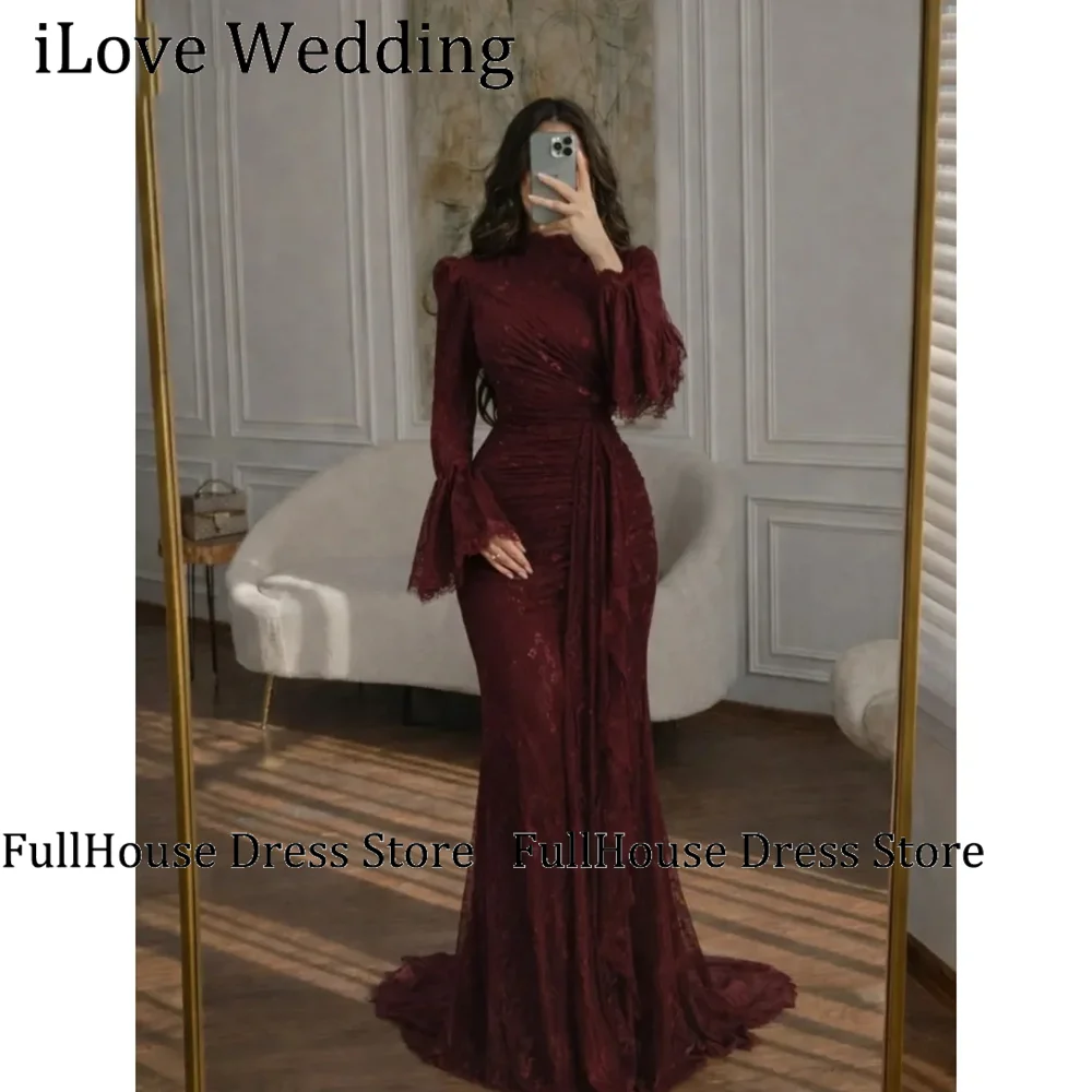 Custom Made High Neck Long Sleeve Lace Elegant Evening Gown Floor Length Straight Bridal Prom Dress for Wedding Party