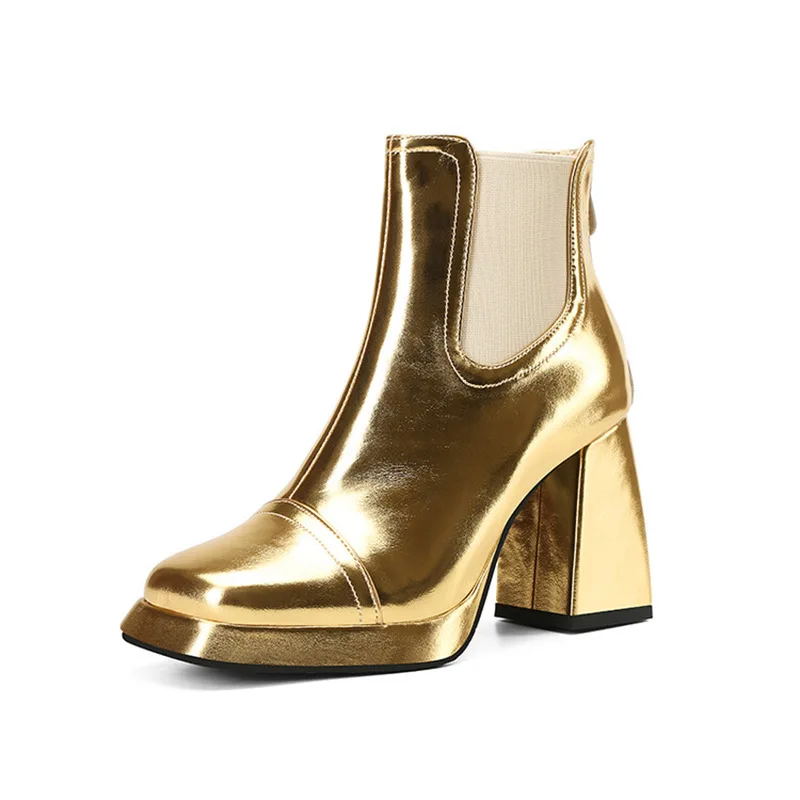 New Golden Silver Thick High Heels Ankle Boots Women Autumn Winter Square Tow Platform Shorts Boots Women Casual Booties WSH4987