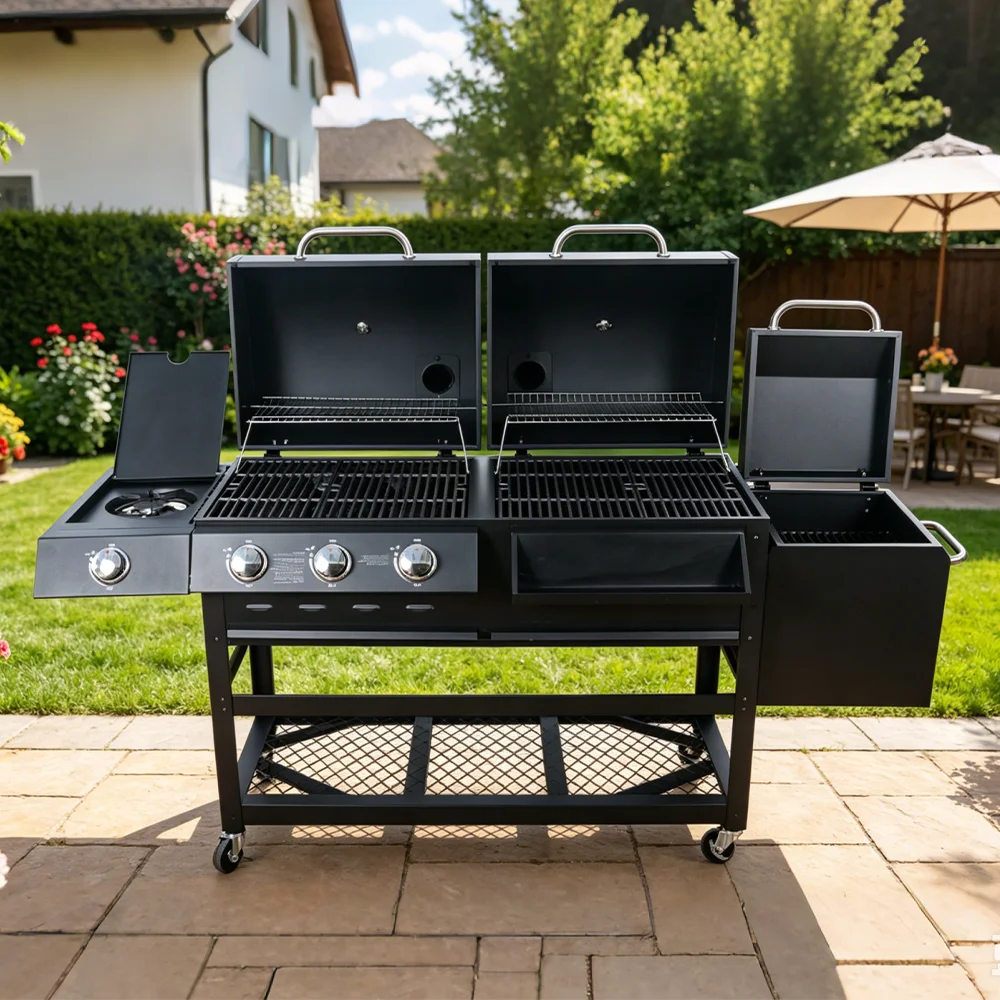 Large Modern Style Cold Rolled Steel 2 in 1 Charcoal Grill Gas Grill Trolley Electronic Ignition Smokeless Offset Fire