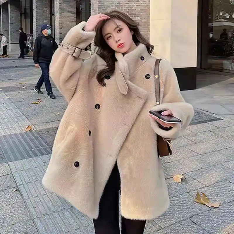 

Korea Style Fur Women'S Thickened Loose-Fit Cropped Faux Fur Jacket Double Row Buttoning Camel Stand Collar Design Casual Wear