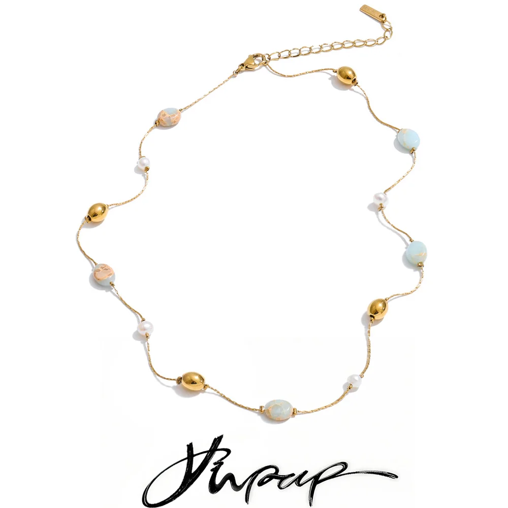 Yhpup 2026 Agalmatolith Natürliche Perlenstein-Kette Halskette für Damen Edelstahl Frühling Sommer Collier Wasserfester Schmuck