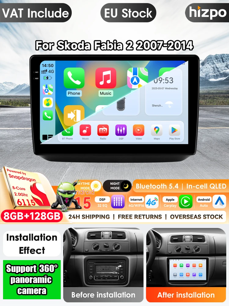 Hizpo 10,1-Zoll-Autoradio Android für Skoda Fabia 2 542 2007 - 2014 Carplay Autoradio Multimedia-Player GPS Som Automotivo QLED-Bildschirm WIFI DSP 2Din Stereo Autoradio Navigation GPS