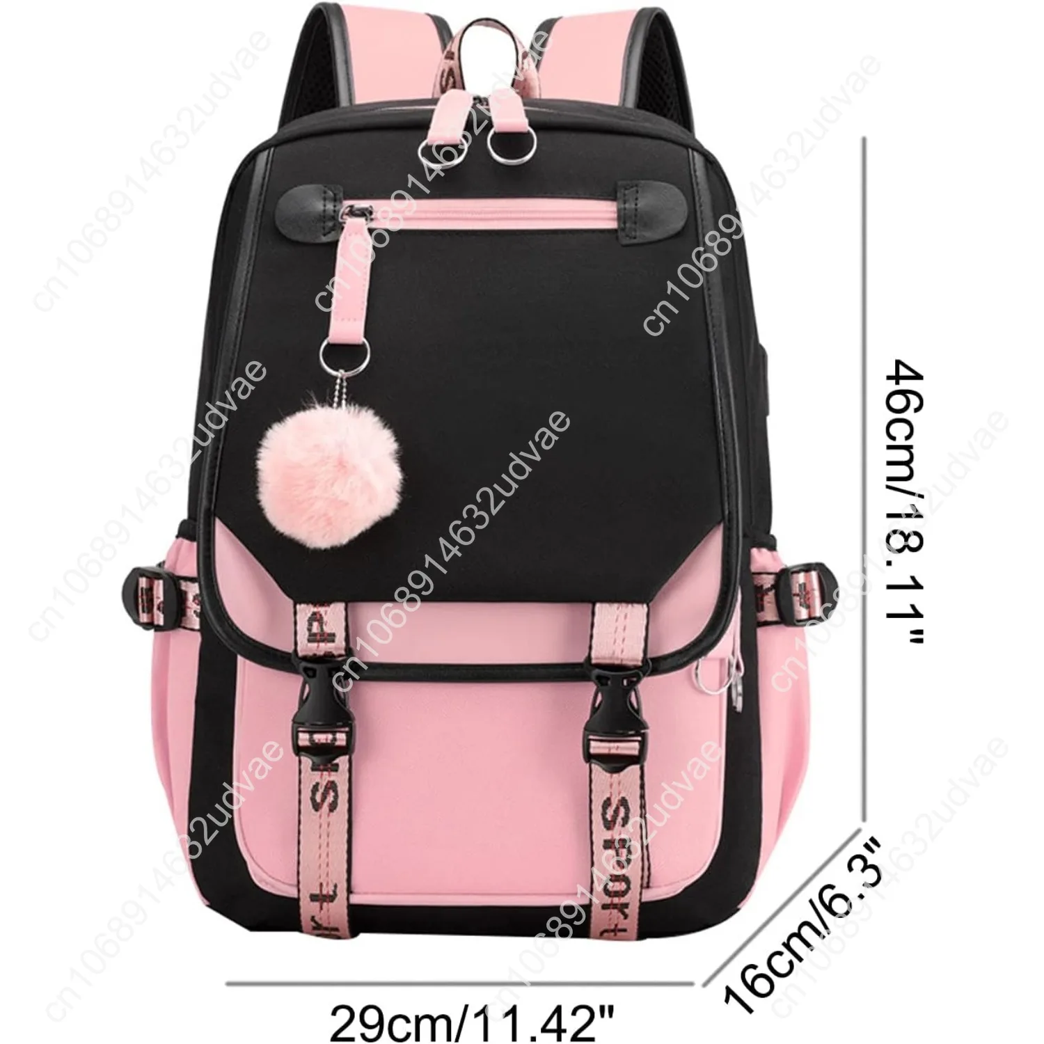 JiaYou Teenage Girls' Backpack Middle School Students Bookbag Outdoor Daypack with USB Charge Port (21 Liters, Black Pink)