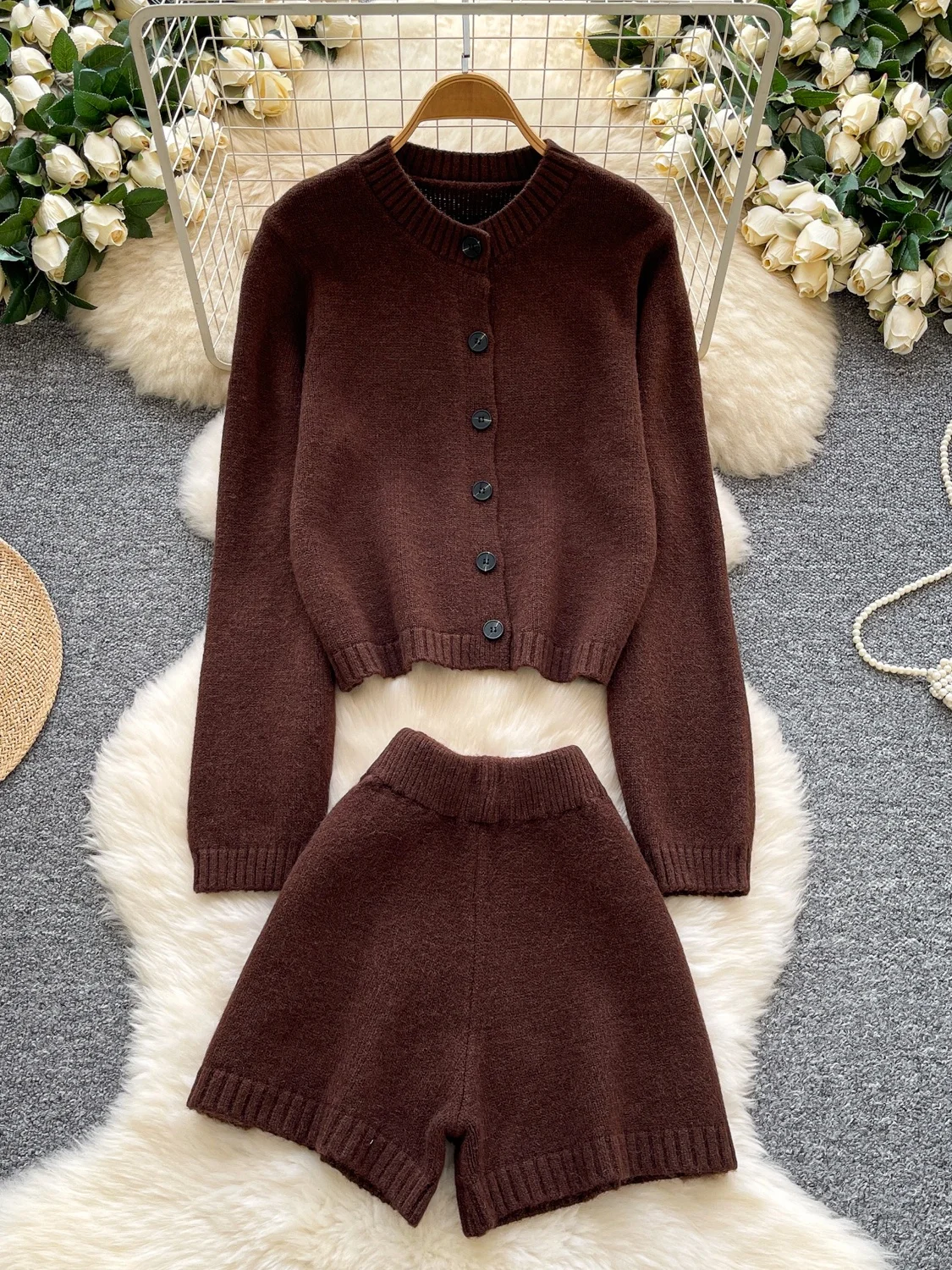 

Laid-ba Sle Women's Knitted Sweater Set Long Sve Loose High Waist ort Pants Autumn Faion plus Size Matching Outfit