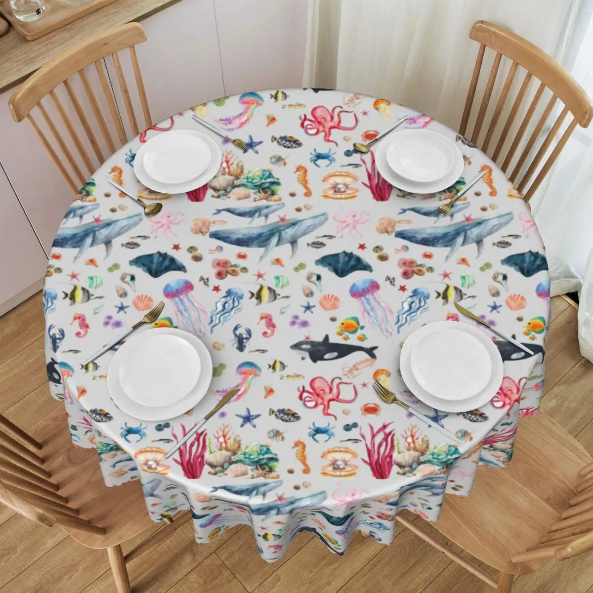 Customized Round Waterproof Underwater World Table Cover Ocean Theme Tablecloth for Picnic 60 inch Table Cloth