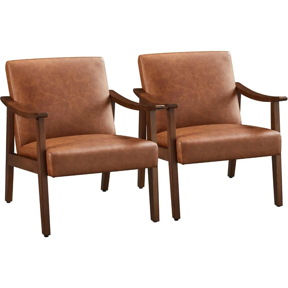 Leather Accent Chair, Mid-Century Modern Armchair with Solid Wood Legs, Reading Leisure Chair with High Back for Living Room