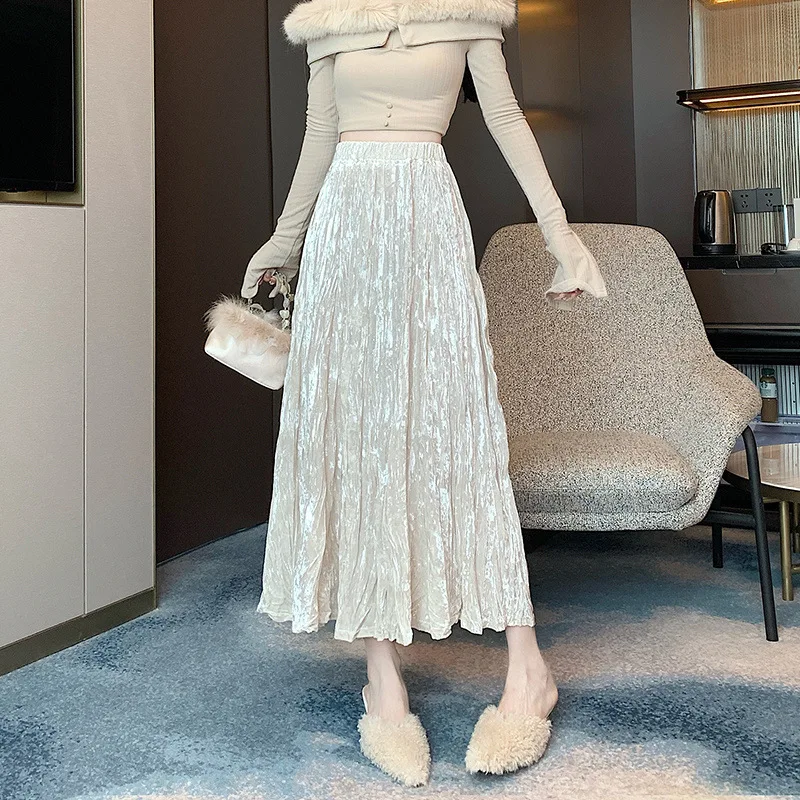 2026 Autumn New Petite Women's High Waist Crushed Velvet Pleated Long Skirt Elegant A‑Line Flowy Swing Midi Skirt