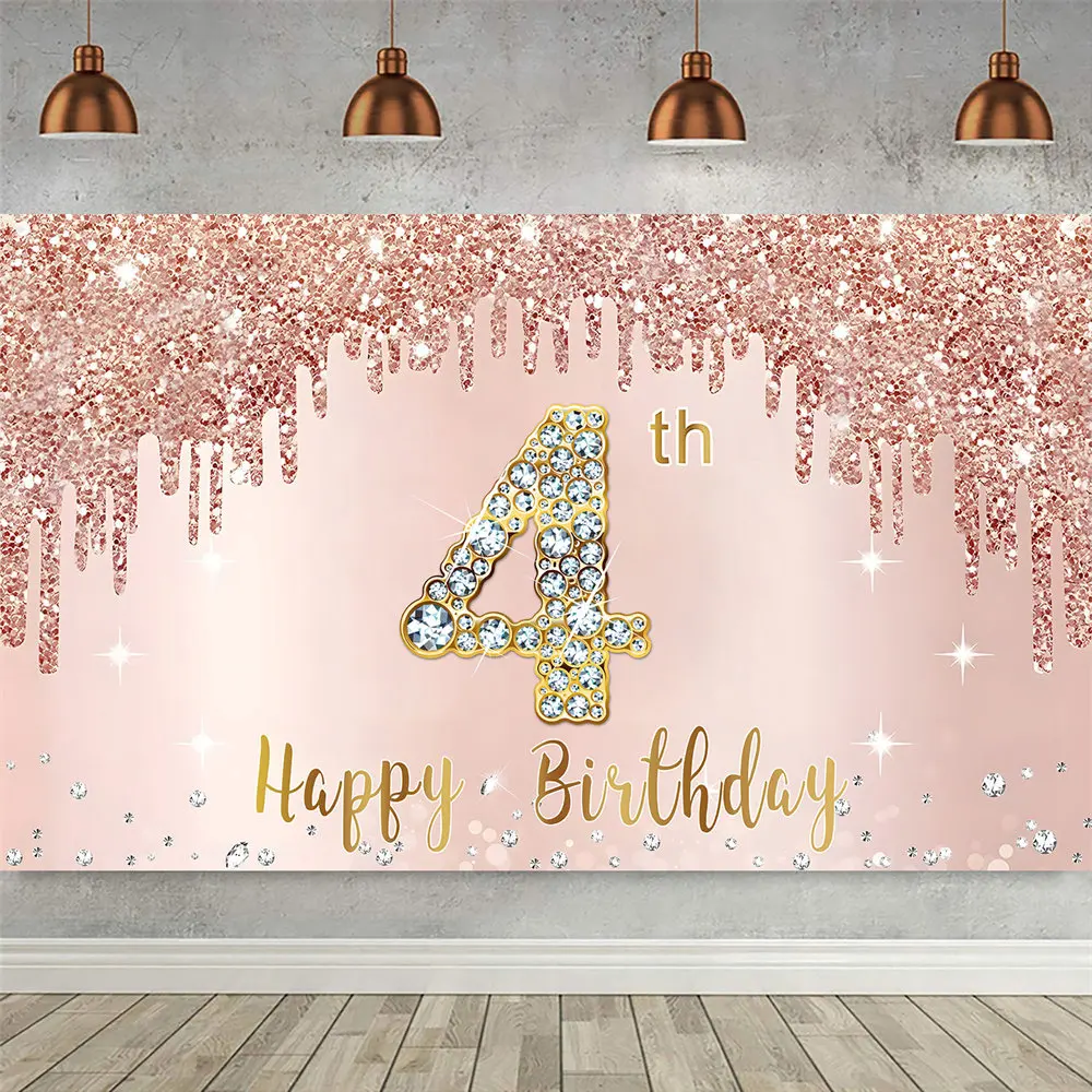 

Happy 4th Birthday Backdrop for Girls Pink Rose Gold 4 Years Old Four Bday Party Banner Decoration Photo Booth Poster Background