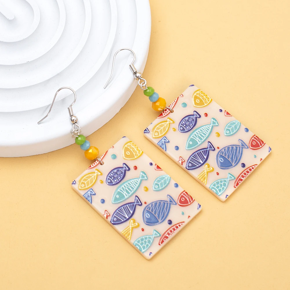 New Fashion Gorgeous Colorful Beach Summer Vacation Style Cartoon Fish Pattern Acrylic Earrings For Women Dangle Drop Jewelry