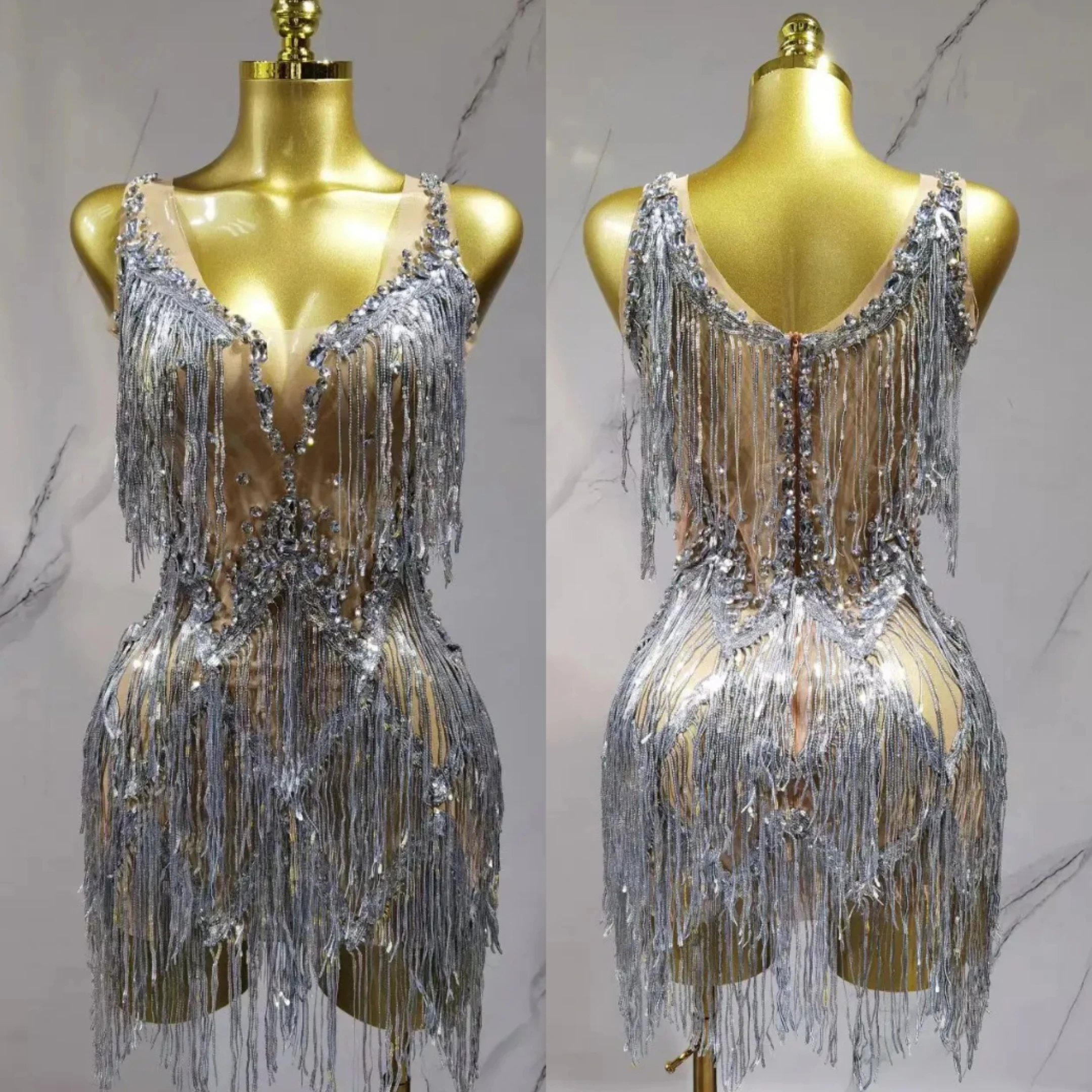 

Сексуальное сетчатое мини-платье, женское блестящее вечернее платье с кисточками и стразами, платья для дня рождения, сценический костюм для ночного клуба