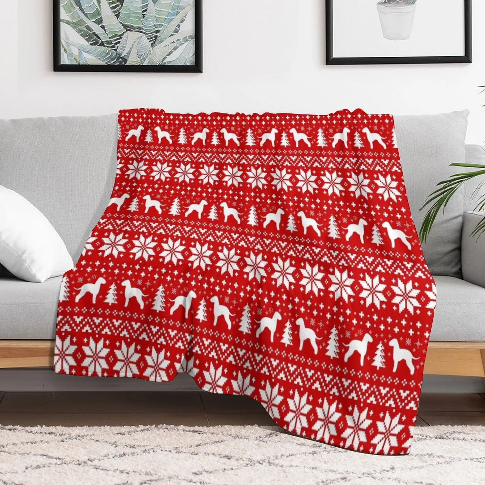 

Bedlington Terrier Silhouettes Red and White Christmas Holiday Pattern Throw Blanket cosplay anime Winter beds sofa bed Blankets