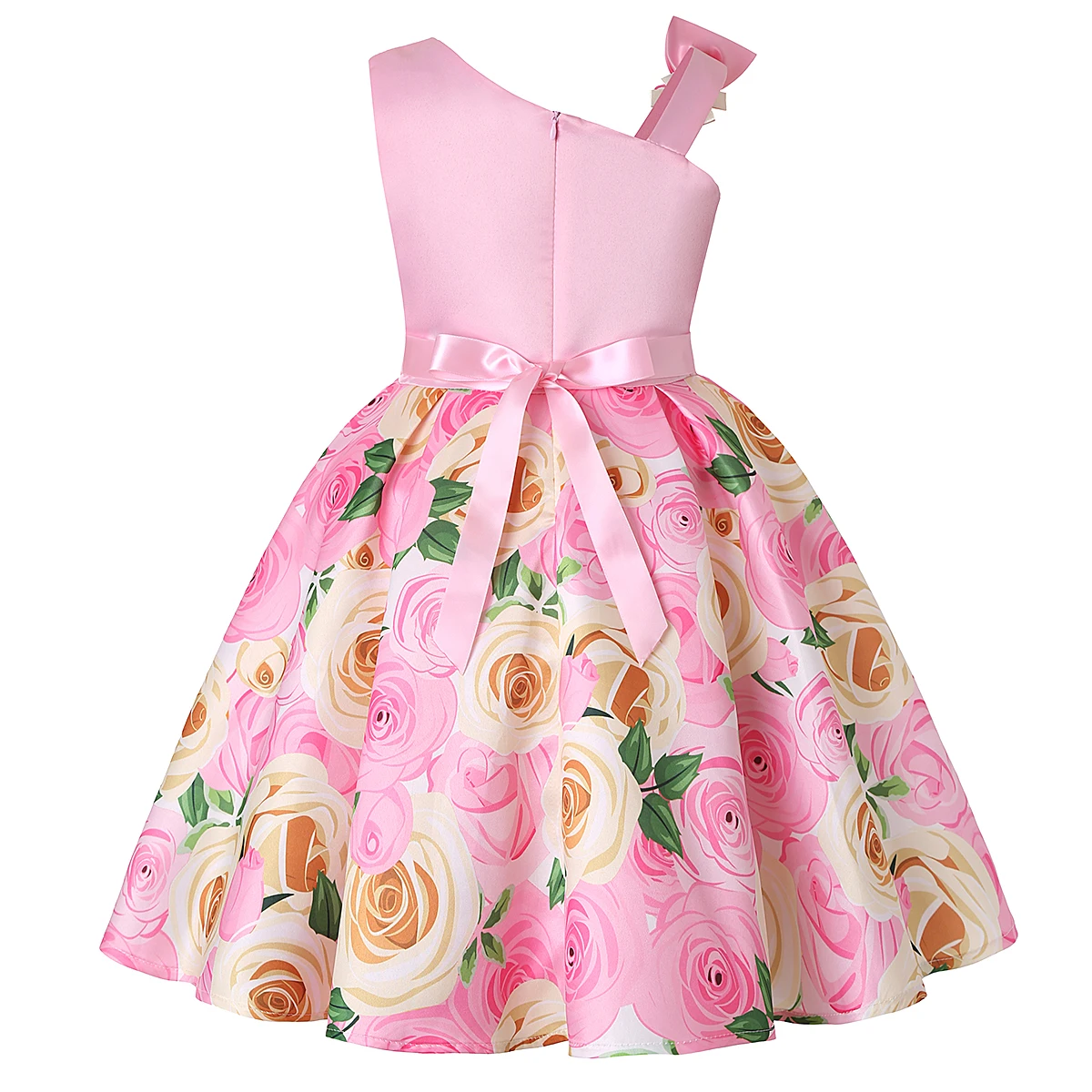 New diagonal shoulder children\'s dress rose print dress dress Girl party dress festival performance dress ins