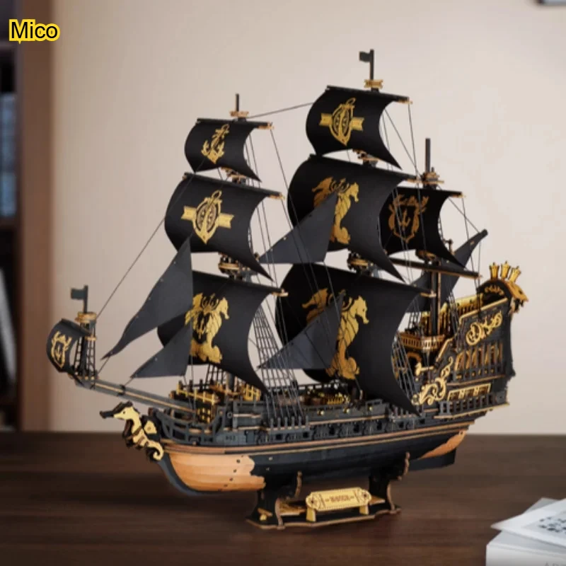 

3D DIY Wooden Pirate Ship Model Kit • Creative Home Ornament • Smooth Sailing Desktop Decoration