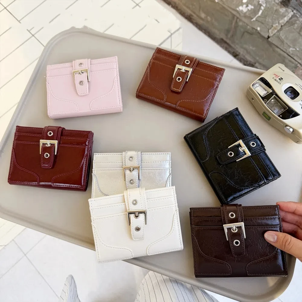 

Fashion Ultra-Thin Short Wallet Buckle Multi-Card Slot Coin Bag Leather Card Holder Women
