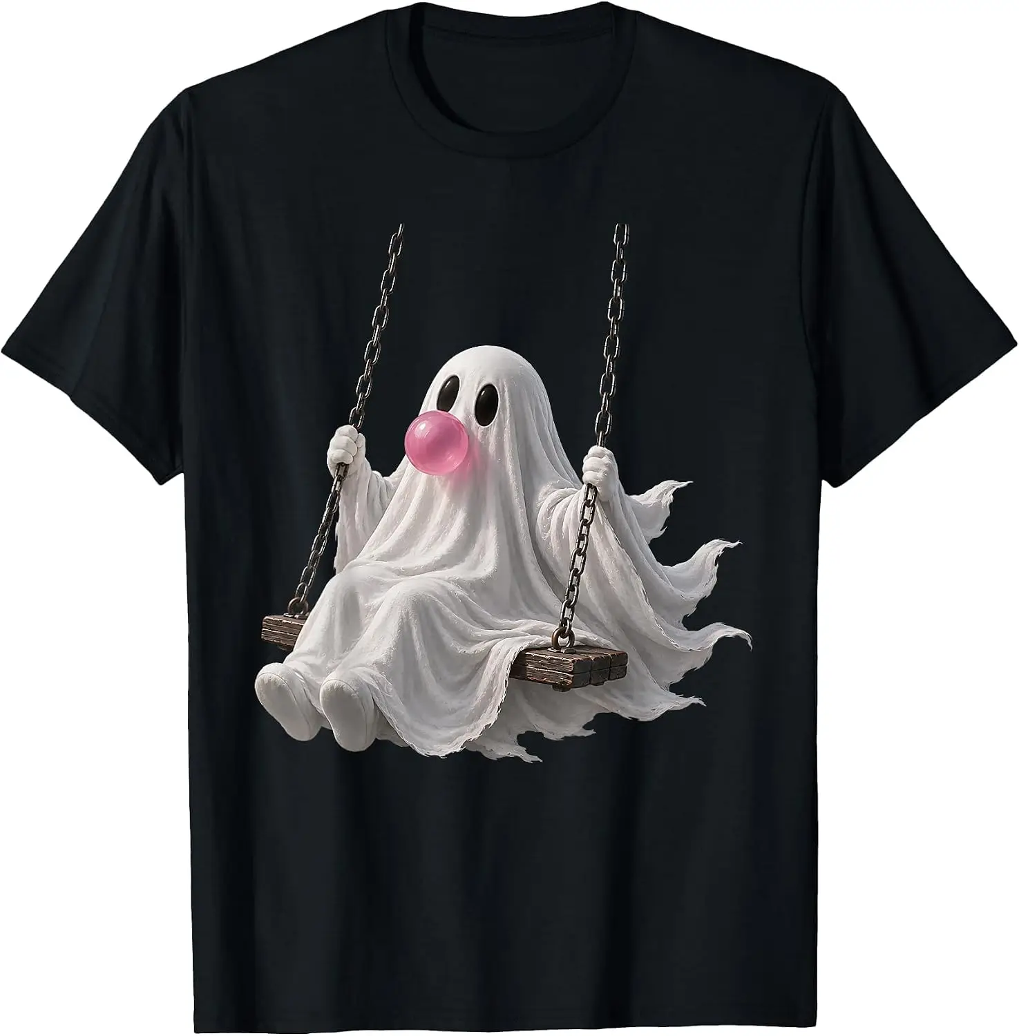 Ghost On Swing Blowing Bubble Gum Spooky Halloween Girly T-Shirt Unisex Vintage Graphic Print T‑Shirt Retro Aesthetic Crew Neck Short Sleeve Soft Cotton Tee Casual Streetwear Tops Men.Unisex Holiday Festive Graphic Tee Party
