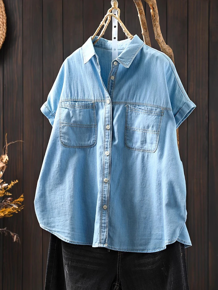 

Women Cotton Denim Shirts New Arrival 2025 Summer Vintage Style Double Pockets Loose Female Short Sleeve Tops Shirts T658