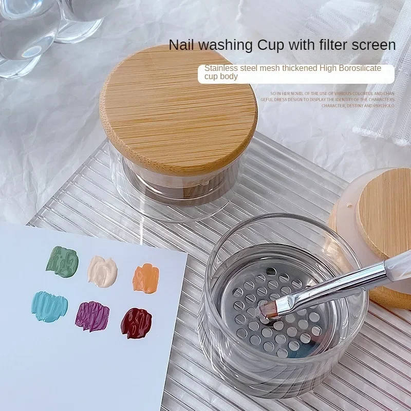 1Pc Nail Art Cup Powder Liquid Brush Washing Bowl Cup Holder Wood Glassware Mesh Layers Washer For Nail Art Sequins Manicure