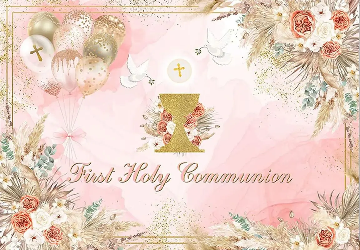 First Holy Communion Backdrop Party Photography Background Baptism Christening Decoration Chalice Doves Floral Photoshoot Props