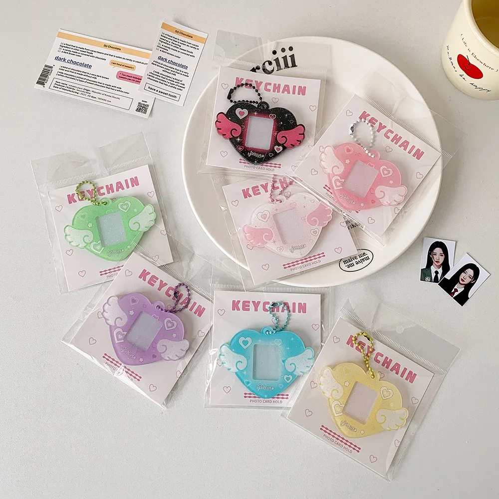 With Keychain Mini Photocard Holder Love Heart Wing Pendant Acrylic Card Cover Idol Card Display Protector Hanging Decoration