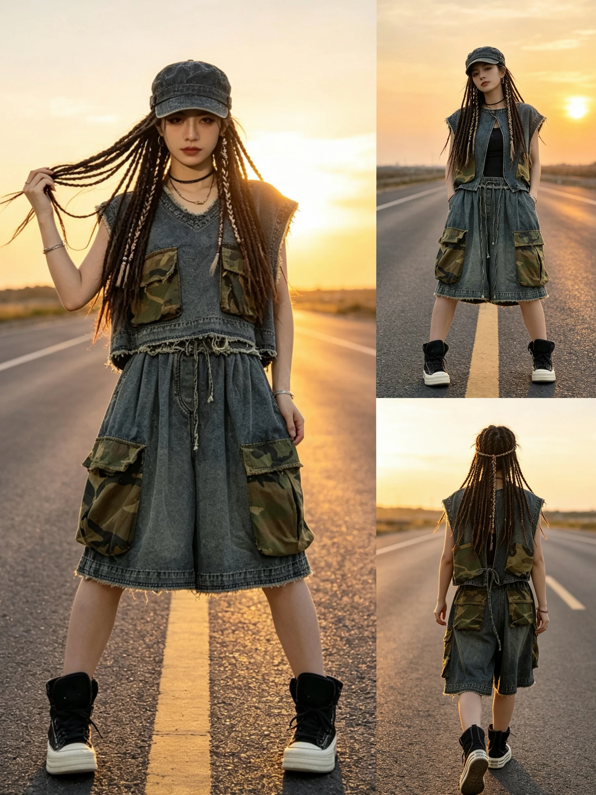 

Retro Camouflage Denim Vest Shorts Women Loose Casual Individual Workwear Set Original Design Summer New Arrival