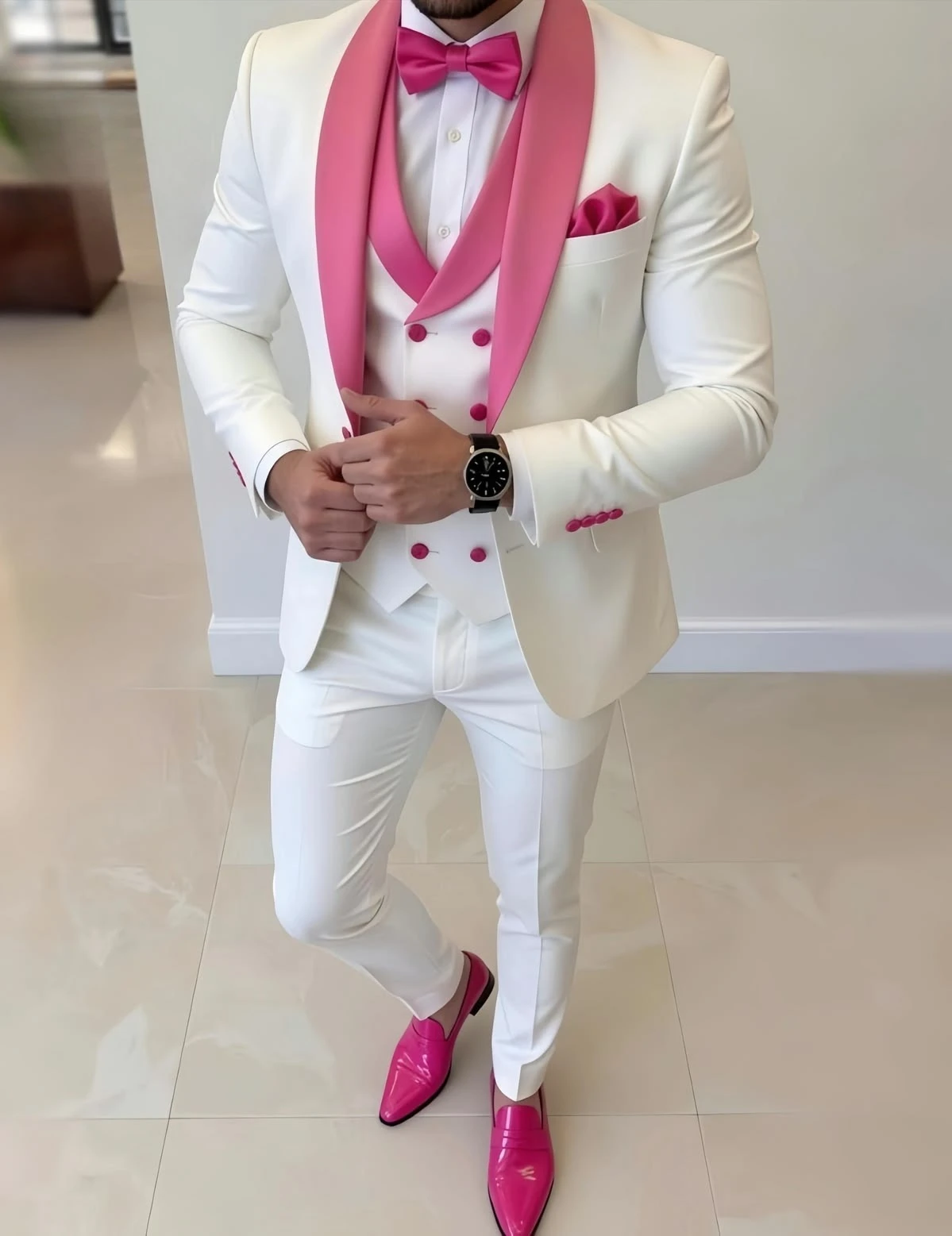 

Men White Pink Shawl Lapel Tuxedo Three Piece Suit Slim Fit Wedding Groom Suit Double Breasted Vest Pants