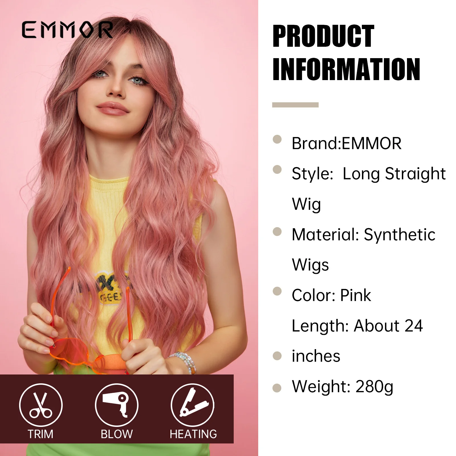 Emmor Light Pink Long Wavy Cosplay Synthetic Hair Wigs with Bangs Ombre Black Heat Resistant Wigs Middle Part Natural Lolita Wig