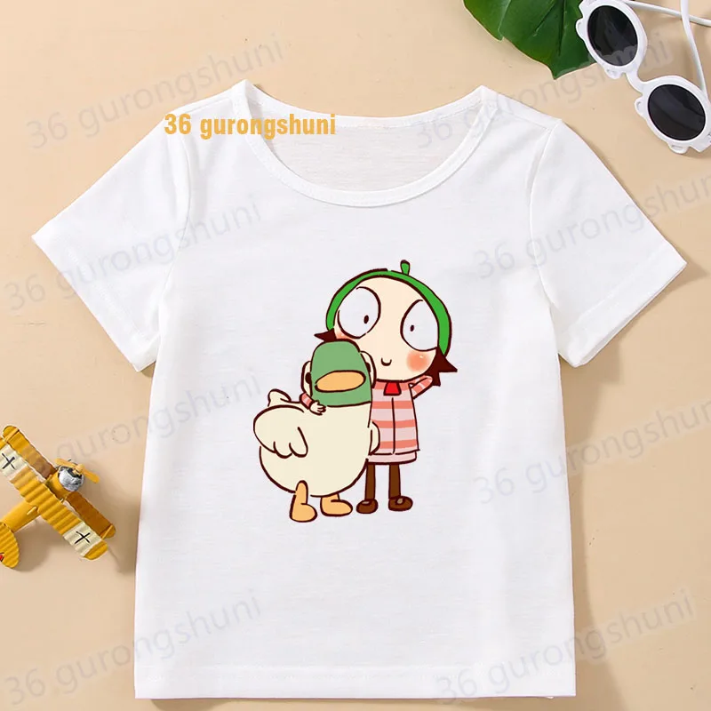 女の子と男の子のための漫画のTシャツ,3つの誕生日Tシャツ,子供服,Tシャツ,グラフィックTシャツ Sarah & Duck