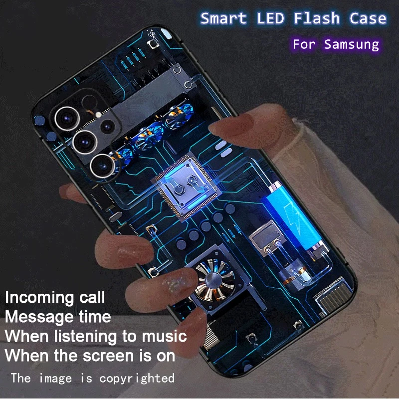 

Gear Chip Luminous Glass LED Call Flash Phone Fundas For Samsung S26 S25 S24 S23 S21 S22 Plus Ultra A16 A17 LED Light Up Case