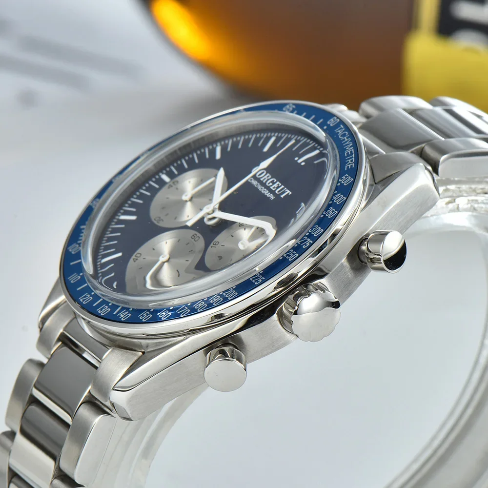 40MM Corgeut Japanese Quartz Movement Full Functional Chronograph 24Hour Multi-Function  316L Stainless Steel Case Mens Watch