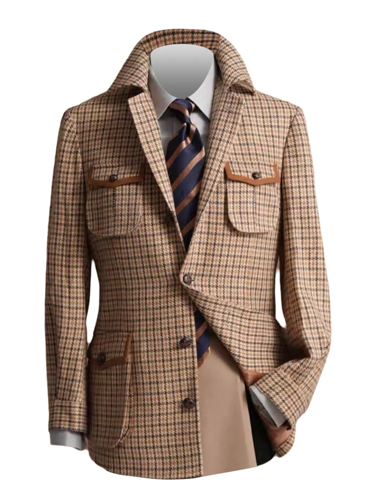 Classic Khaki Plaid Tweed Hacking Jacket with Leather Trim Pockets and Multi Buttons Men Autumn Coat Customized M253003
