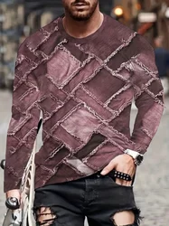 Vintage Splice Lattice 3D Printing T-shirt For Men Casual Tee T Shirts Long Sleeve Tees O-Neck Oversized Men's Clothing Tops
