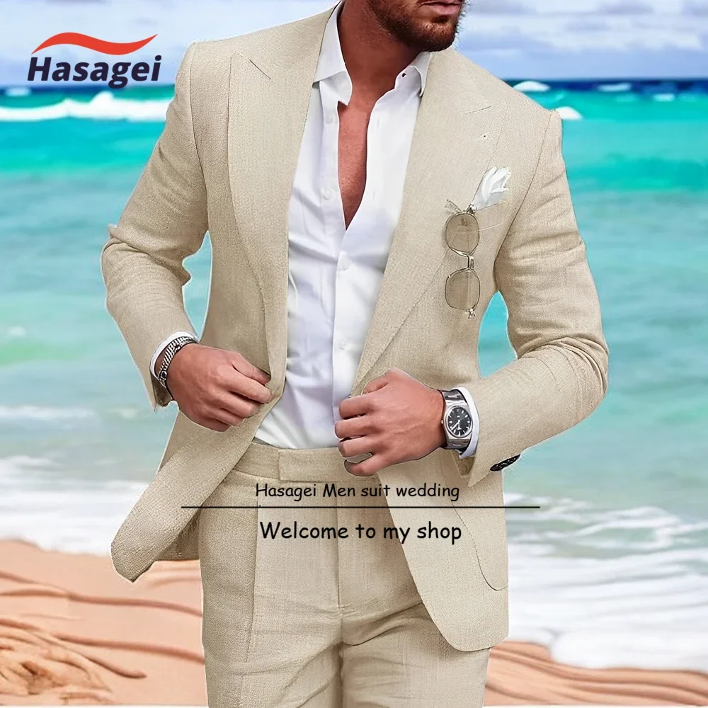 Mens Linen Suit Sets for Summer Beach Slim Fit 2 Piece Wedding Groomsmen Linen Suit Casual Party Suit