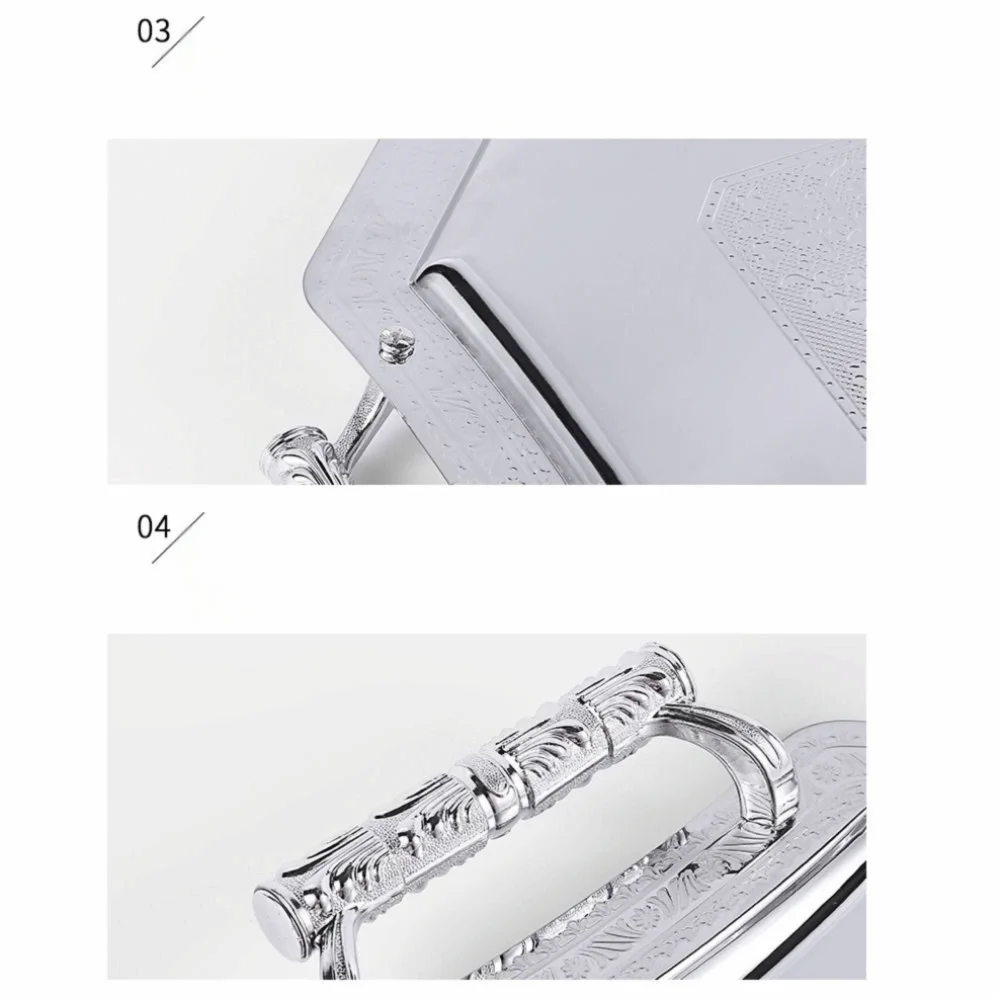 النمط الأوروبي الفولاذ المقاوم للصدأ صينية تخزين خمر أطباق حلوى الحلوى نمط دقيق مع مقبض صينية للفاكهة حفلات الزفاف
