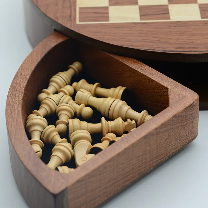 

Round Solid Wood Magnetic Chess Game Set with Rotating Drawer & Portable Storage for Travel Home