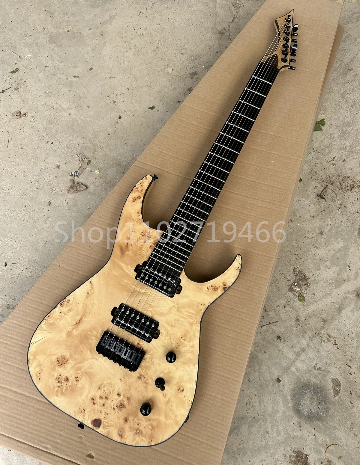 Factory Matte Natural 7 Strings Electric Guitar Burl Maple Veneer Rosewood Fretboard HH Pickups Black Hardwares Customizable